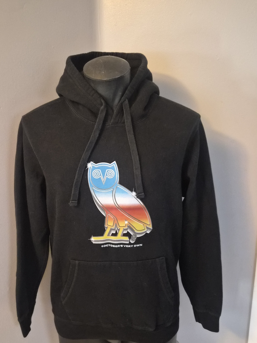 OVO Black Hoodie with Blue-Orange Gradient Owl Graphic